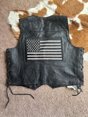 Bikers Club American Flag Black Leather Vest 2XL